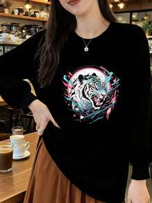 300g 100% Cotton T-Shirt, 2025 Women's Spring/Autumn Fashion, Printed Long Sleeve T-Shirt, Couple Style, Underwear/Outerwear, Office Casual, Round Neck, Long Sleeve, White Top - Black - View 1