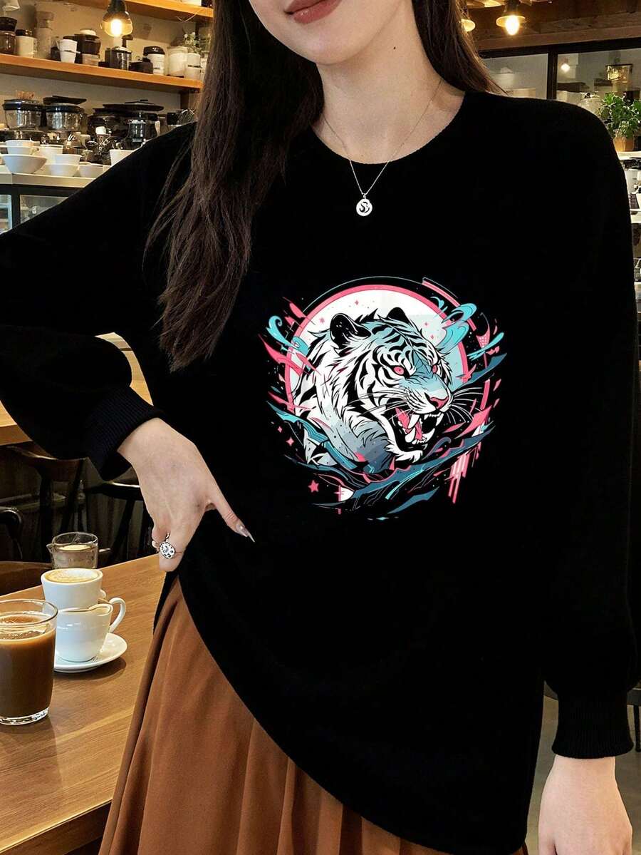 300g 100% Cotton T-Shirt, 2025 Women's Spring/Autumn Fashion, Printed Long Sleeve T-Shirt, Couple Style, Underwear/Outerwear, Office Casual, Round Neck, Long Sleeve, White Top - Black - View 1