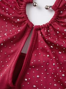 Women's Halter Bodysuit Stylish Hot-fix Rhinestone Design Slim Fit Deep V Neck Romper - Rojo - Ver 9