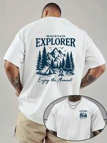 Men's Mountain Adventure Graphic T-Shirt |   White Back Print, Camping And Hiking Design, "Enjoy The Moment" Back Print, Casual Crew Neck, Regular Fit, Suitable For All Seasons - 白色 - 查看 1