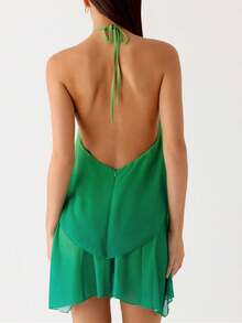 Women Ruffle Halter Neck Mini Dress Sheer Mesh Layered Open Back Dress Y2K Tiered Tie Back Going Out Dresses - Green - View 3