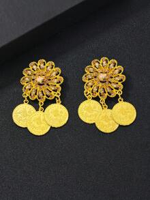 1 Set Of 2 Gold Rhinestone Coin Tassel Pendant, Women's Rhinestone Arabic Style Headscarf Brooch Accessory - Gold - View 5
