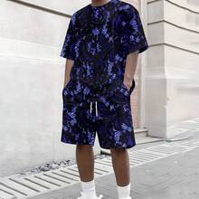2-Piece Fresh & Bright Knit Fabric Set, Exquisite & Rich, For Men's Coastal Vacations, Summer Royal Blue Full-Print Pattern Short Sleeve & Beach Shorts Set - 彩色 - 查看 4