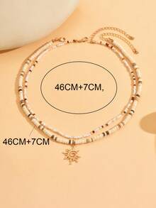 2pcs/Set Fashionable Coconut Shell & Seed Bead Mixed Color Necklace With Sun Pendant, Layered Choker Necklace For Men, Suitable For Daily Wear And Party, Also Can Be Worn As Couples Necklace - Gold - View 5