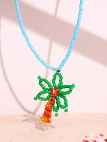 1pc Handmade Beaded Necklace With Coconut Tree, Pineapple, Starfish Pendants In Pink & Green, Colorful Y2K Minimalist Personalized Beach Jewelry - Multicolor - View 9