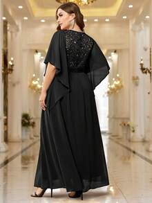 大码优雅蝴蝶袖雪纺亮片蕾丝束身晚礼服 黑色 - 黑色 - 查看 2