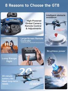 AXNEN 升级版!2026新款GT8无刷双摄像头无人机,2.4GHz抗干扰技术,六轴陀螺仪,4.3英寸FPV图传遥控器,EIS电子图像稳定双镜头,光流悬停,机身带LCD电量显示,无刷电机,航线飞行,手势拍照,完美的节日礼物 - 彩色 - 查看 3