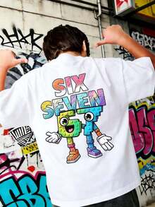 男童“SIX SEVEN-Italian Swag”彩色数字67卡通印花T恤，适合日常穿着、街头风、校园风，休闲百搭的夏季男童上衣 - 白色 - 查看 3