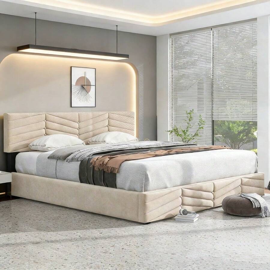 Lit double contemporain 180x200 cm en velours beige capitonné rayé - Tête de lit à hauteur variable et système hydraulique(Sans matelas) - Beige + Velours + 180 cm x 200 cm - Voir 1