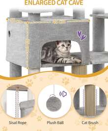 Arbre à chat Hzuaneri 200 large, griffoir avec 2 lits et 10 sisal, durable pour grands chats Maine, comprend 2 hamacs, gris clair MS20018LG - Beige - Voir 11