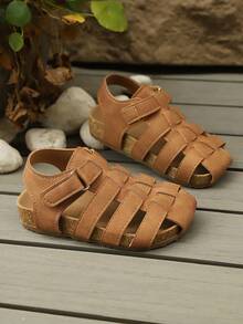 Kids' Solid Color Woven Non-Slip Soft Bottom Hook And Loop Retro Fashion Sandals, Suitable For Beach Play In Summer - Brown - View 5