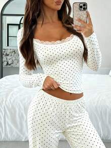 VIVINA Women's Solid Color Casual Polka Dot Print, Lace Trim Splice Scoop Neck Fitted Long Sleeve T-Shirt, Spring/Summer Outdoor Tops, Vacation Tops, Versatile Casual Tee, Punk Street Sports Tops, Summer Clothes For Women, Spring Tops, Retro Polka Dot, Cute Sweet Tops - White - View 6