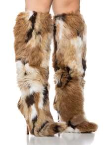 Fashion Luxury EdgyElongate Womens Knee High Boots Pointed Toe Faux Fur Stiletto High Heel Fluffy Winter Boots Party Club Outdoors Furry Long Boots - 棕色 - 查看 2