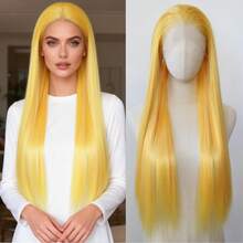 1顶苹果绿合成蕾丝前假发，长直发，预先拔毛的自然发际线，耐热纤维，适合女性佩戴 - 彩色 - 查看 15