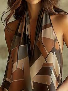 Geometric Pattern Backless Bohemian Halter Neck Top, Suitable For Summer Vacation - Coffee Brown - View 3