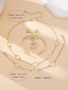 6件套优雅四叶草镂空吊坠项链、四叶草吊坠手链、四叶草开口手镯、四叶草开口戒指、四叶草耳环，适合女士日常及节日装扮。 - 金黃色 - 查看 3