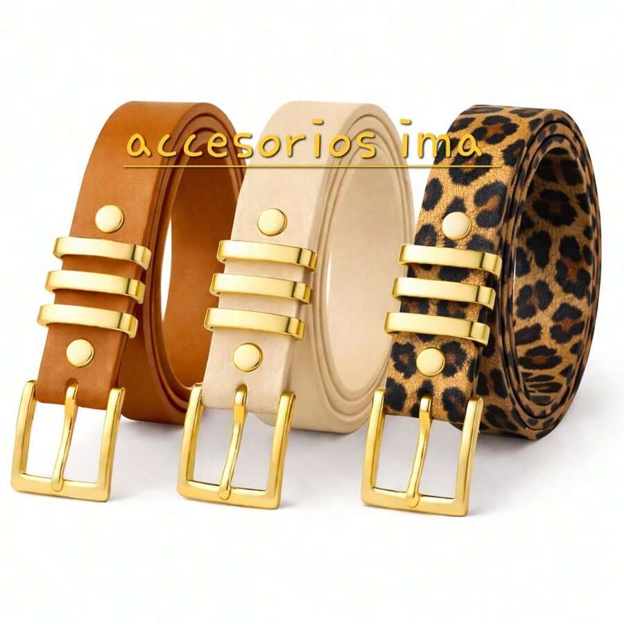 Set Of 3 Women's Belts With Square Buckle, Casual Style - Caramel, Beige, Leopard - View 1