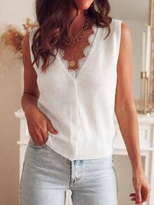 Spring/Summer New Women Crochet Knit White Sweater Vest, Casual Elegant Button Lace Trim Cardigan - White - View 1