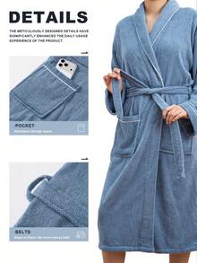 Unisex Terry Cloth Bathrobe, 100% Premium Cotton Robe For Men And Women, Ultra Soft & Highly Absorbent With Pockets & Adjustable Belt, Breathable All Season Loungewear For Spa, Shower & Home, Multiple Colors Available - 藏蓝色 - 查看 4