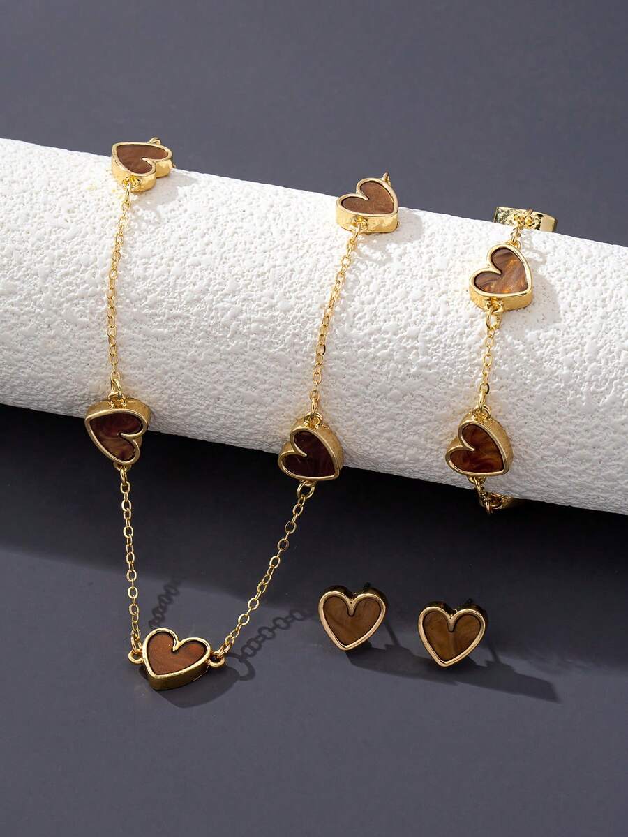 Bộ trang sức 4 món thời trang, cá nhân hóa, thiết kế hình trái tim tinh tế màu nâu cà phê gồm dây chuyền, vòng tay và bông tai, phù hợp cho phụ nữ đeo hàng ngày và là món quà tuyệt vời nhất cho Ngày Valentine, bạn gái, mẹ. - Cà phê nâu - Xem 1