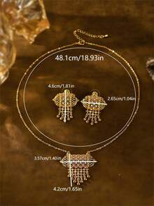 3pcs/Set Vintage Hollow Carved Copper Plated Gold Faux Pearl Tassel Necklace & Earrings Set, For Women Wedding Party Holiday Accessories - Yellow Gold - View 10