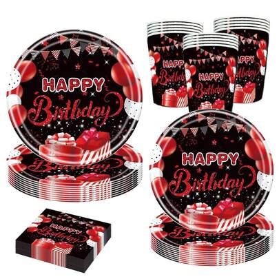 10 件套生日快乐主题餐盘和餐巾纸，10 人生日派对用品，包括纸盘、餐巾纸和纸杯，适用于男女 30 岁、50 岁生日派对装饰（黑色和红色）