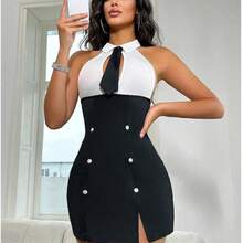 1pc Coquettish Secretary Roleplay Set In Classic Black, Featuring A Figure-Hlgging Pencil Skirt & Passionate Office-Inspired Lingerie For A Hot Yet Cute Look, Perfect As A Daring Date Night Outfit, Fantasy Play & Valentine's Day Surprise. - 黑與白 - 查看 4