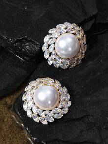 Opalesca 2pcs/Set Oversize Round Full Rhinestone Earrings, Vintage Pearl Earrings Decorations - Round - View 3