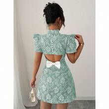 Women's Vintage Red Textured Fabric Puff Sleeve Elegant High Collar Back Button Bow Contrasting Cutout Waist Design Slim Short Sleeve Mini Dress, Fashionable Summer - Màu xanh Bạc hà - Xem 1