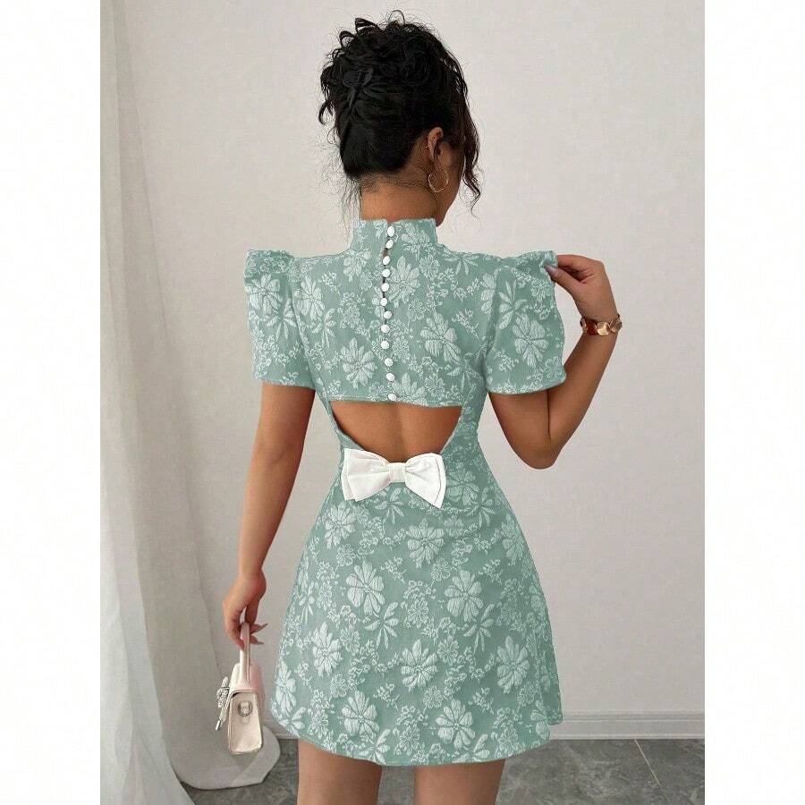 Women's Vintage Red Textured Fabric Puff Sleeve Elegant High Collar Back Button Bow Contrasting Cutout Waist Design Slim Short Sleeve Mini Dress, Fashionable Summer - Màu xanh Bạc hà - Xem 1