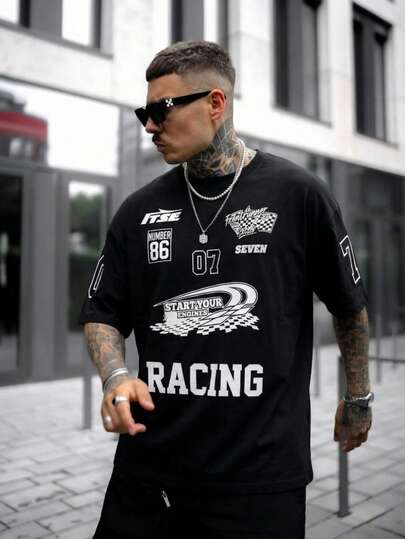 男士“启动引擎”字母标语和07号图案双面印花T恤，休闲街头赛车摩托车风格印花短袖T恤，黑色