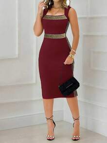 Vestido de festa elegante preto com fita de lantejoulas, ombro inclinado, corte slim, vestido de festa, adequado para encontros noturnos diários, festas, festas de solteiros - Borgonha - Ver 3