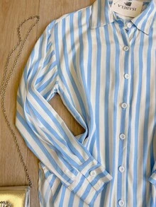 Women's Striped Set: High-Waisted Shorts And Long-Sleeved Shirt SP037 - Màu xanh nhạt - Xem 5