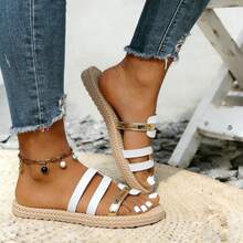 Sandalias slip-on con bloques de color para mujer de talla grande, cómodas y elegantes, adecuadas para citas, playa, caminar, ir y venir - Blanco - Ver 3