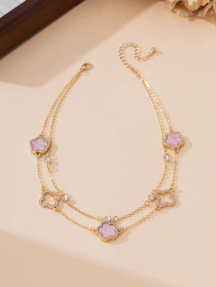 1pc Luxurious Hollow Radiant Charming Lucky Four-Leaf Clover & Five-Leaf Clover Pendant Necklace For Women - Pink - View 3