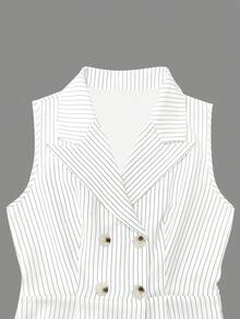 1pc Women's Striped Woven Fabric Double-Breasted Jumpsuit, Casual Spring/Summer - White - View 5