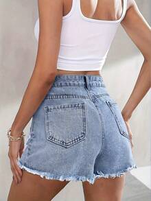 Quần short denim rách năng động dành cho nữ tuổi teen, phong cách thanh lịch thường ngày, thời trang sành điệu, ngọt ngào, thích hợp đi làm, có túi, gấu quần rách, phù hợp cho đường phố. - Rửa nhẹ - Xem 2