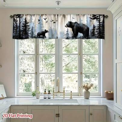 1pc 60*18 Inch Rustic Bear Forest Scene Valance Curtain | 2D Flat Printing, Polyester, Semi-Sheer, Easy To Install, Ideal For Bathroom, Office, Housewarming, Room Accent, Laundry Room, Upgrading Style HSY