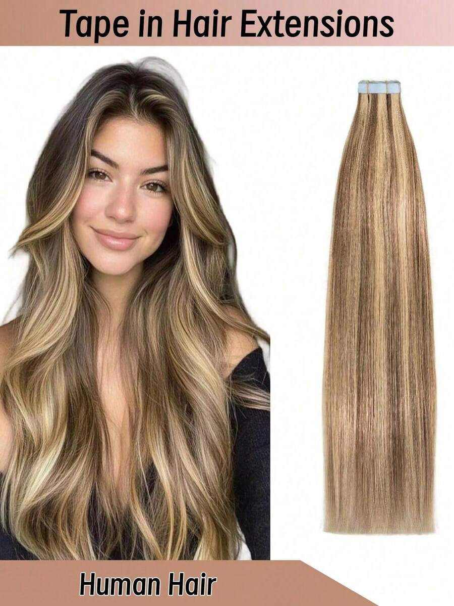 [Brown And Light Blonde Highlight 4P27# Human Hair Extensions,16-26 INCHS,20pcs/Pack/50g] Thick Tape In Hair Extensions Straight Remy Human Hair Invisible Tape Human Hair Extensions Suitable For Women Daily Use, Like Wedding, Make Up, Date, Christmas Gifts, Party Wigs, Daily Use, Schools, Birthday Banquets, Halloween And Other Occasions, And Theme Parties And So On - SP4/27 - Xem 1
