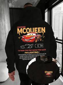 Disney Men's Casual Hoodie, Featuring The Cartoon Image Of Lightning McQueen From "Cars" Paired With An English Print, Exuding A Visual Tension Reminiscent Of American Retro Sports, Suitable For Daily Commuting, Friend Gatherings, Park Check-In, And Other Settings - Black - View 1