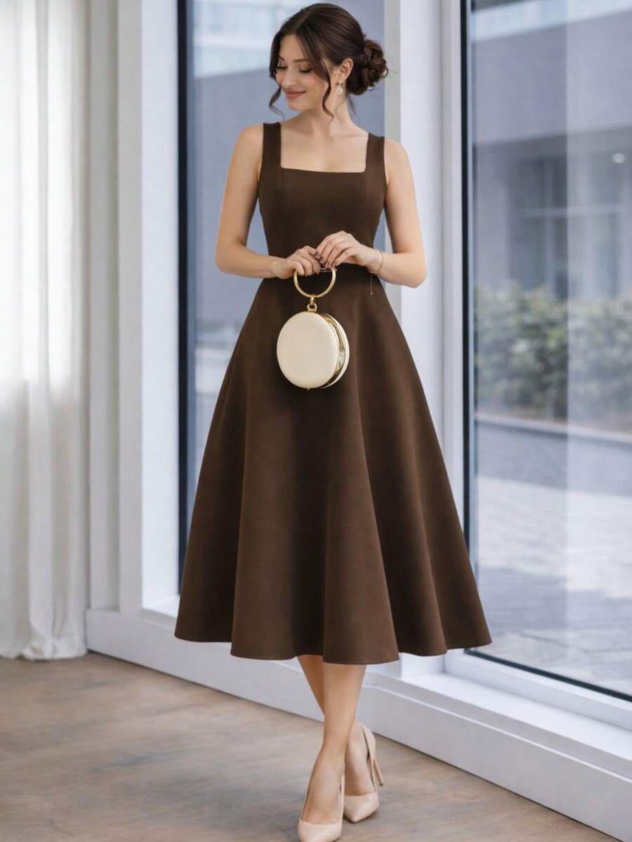 Sophisticated Midi Dress With Perfect Cut | A-Line Silhouette - 巧克力棕 - 查看 1