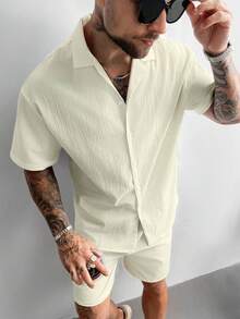 GloMan 男士 2 件組杏色夏季風亞麻襯衫與抽繩短褲套裝，老錢風休閒海灘婚禮派對度假旅行，適合丈夫/爸爸/男友，送給他的禮物 - 杏色 - 查看 5
