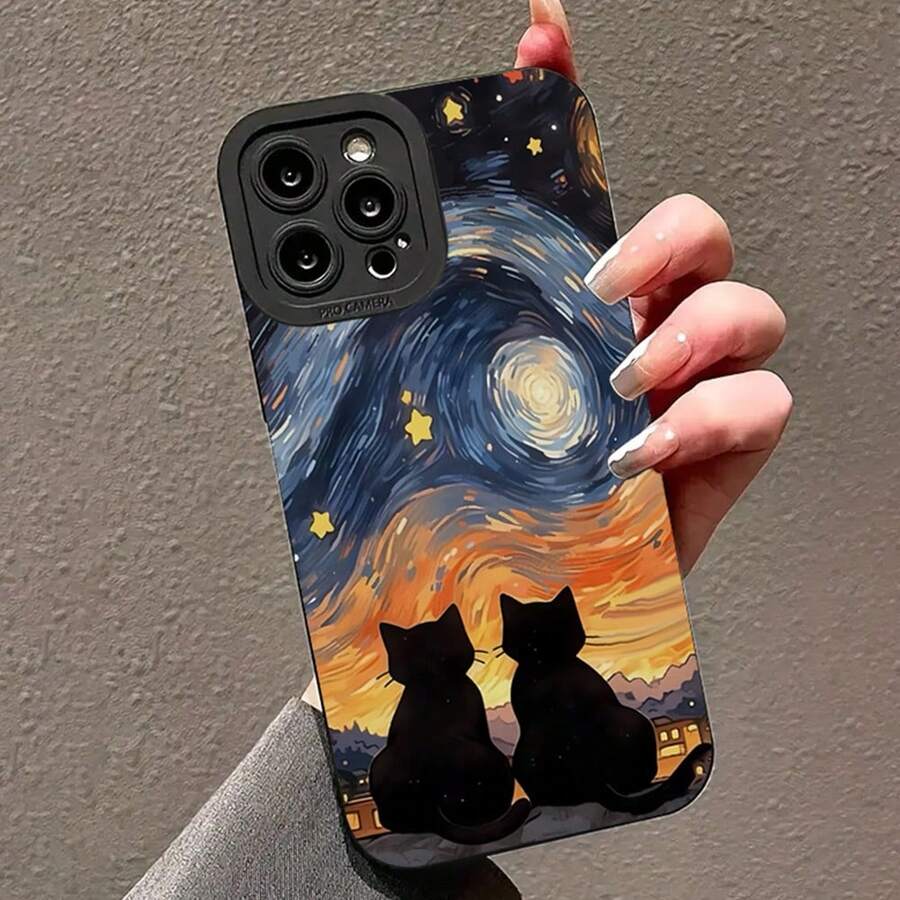 Adorable Anime Starry Sky Cat Pattern Phone Case Compatible With IPhone 17 Pro Max 17 Pro Air 16 15 14 Pro Max Plus 13 12 11 Pro Max XS XR X 7 8 Plus 16E 12 13 Mini, Black Soft Shockproof Protective Cover - Black - View 1