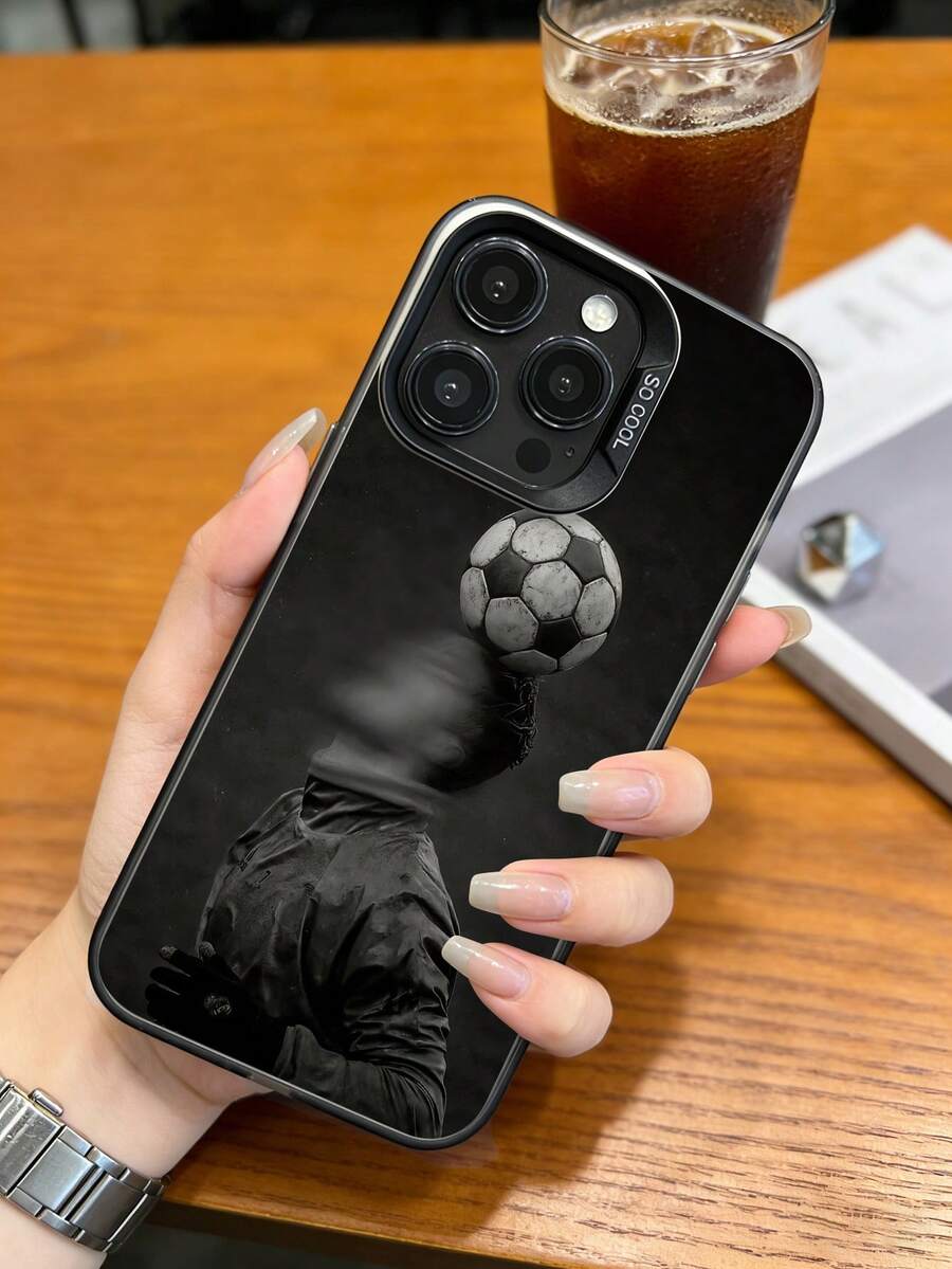 1 pieza + Compatible con iPhone 17/16 Pro Max/15 Plus/14 Pro + Fanáticos apasionados + Material de patrón de lichi + Funda protectora de teléfono + Estilo deportivo Ins + Impresión de personaje de fútbol + Antichoque integral + Posición de orificio precisa - Gris - Ver 1