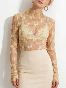 Womens Mesh Long Sleeve Tops Crew Neck Sexy See Through Tee Shirts Party Club Night Lace Blouse - Apricot - View 4