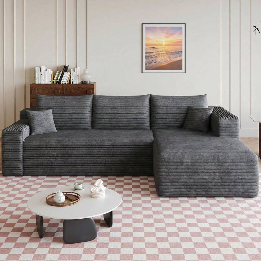 No Assembly 95" L Shaped Cloud Sectional Sofa Plush Corduroy Deep Seat Upholstered Corner Couch For Living Room - 灰色 右邊 - 查看 1