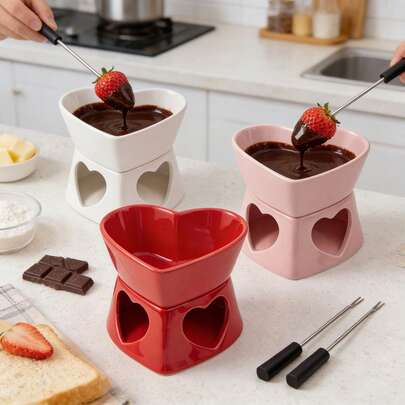 1 Stück Keramik Butterwärmer in Herzform mit 2 Gabeln Set, süßes Fondue-Topf Schmelztopf Set, Schmelztopf Schüssel Set für Schokolade, Käse, Süßigkeiten, Keramik Fondue Tassen Set für Date Night, Geburtstag, Muttertag & Hochzeitsgeschenke