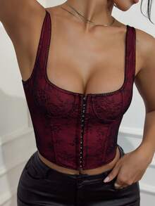 Apperloth A Y2K风格抹胸露脐上衣，花卉蕾丝刺绣，钢骨束腰，女士方领网纱钩扣前宽肩带露背系带吊带背心，万圣节服装，锐舞派对感恩节夏季 - 紅色 - 查看 8