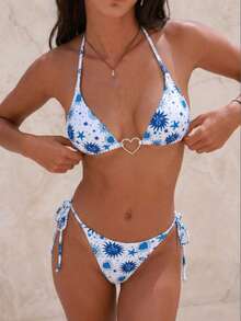 Conjunto de biquíni tankini de cintura alta com estampa de corações dourados elegante para mulheres - Azul e branco - Ver 6