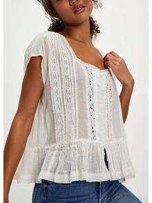 Women Lace Flowy Peplum Tops Boho Bow Tie Front Western Shirts Beach Sheer Ruffle Trim Short Sleeve Peasant Blouse - D#白 - 查看 8